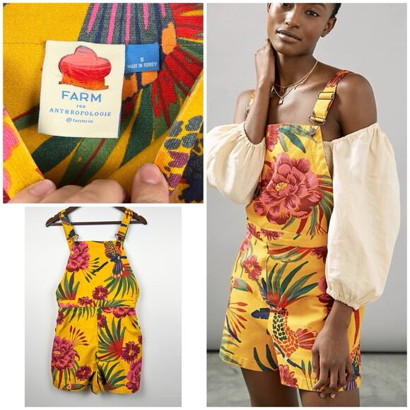 FARM Rio Anthropologie Sabrina Floral Boho Tropical Shorts Overalls Sz S - Picture 6 of 10